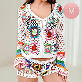 MEDIUM - Granny Square Crochet Long Sleeves Shirt Cardigan