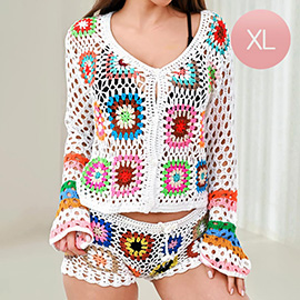 X-LARGE - Granny Square Crochet Long Sleeves Shirt Cardigan