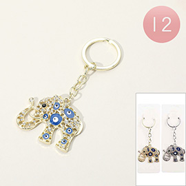 12PCS - Stone Paved Enamel Evil Eye Embellished Elephant Keychains