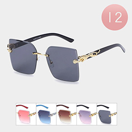 12PCS - Metal Panther Pointed Square Tinted Lens Rimless Sunglasses