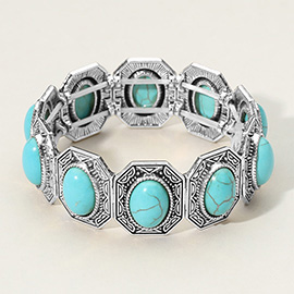 Western Oval Turquoise Stone Link Stretch Bracelet