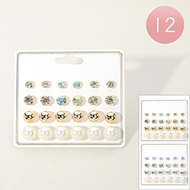 12 SET OF 12 - Stone Cluster Metal Ball Pearl Stud Earring Set