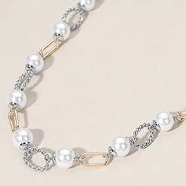 Pearl Two Tone Metal Link Necklace