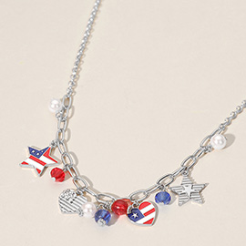 Enamel American USA Flag Star Heart Pearl Charm Station Necklace