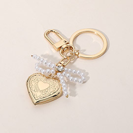 Pearl Beaded Bow Pointe Metal Heart Locket Bag Charm / Keychain