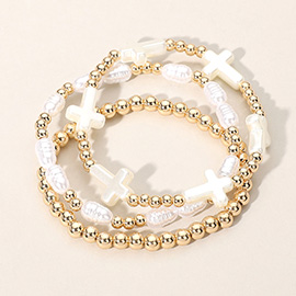 3PCS - Pearl Cross Metal Ball Beaded Stretch Multi Layered Bracelets