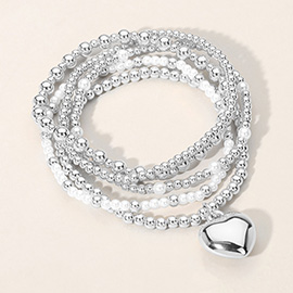 5PCS - Metal Heart Charm Pointed Ball Pearl Beaded Stretch Multi Layered Bracelets