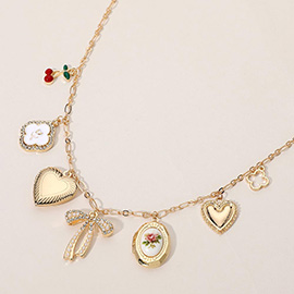 Pearl Stone Paved Bow Metal Heart Flower Printed Dome Oval Locket Enamel Quatrefoil Charm Station Necklace