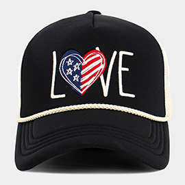 LOVE Message Heart American USA Flag Embroidered Mesh Back Trucker Hat