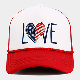 LOVE Message Heart American USA Flag Embroidered Mesh Back Trucker Hat