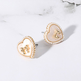 Pearl Paved Rim Metal Bow Pointed Enamel Heart Stud Earrings