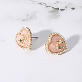 Pearl Paved Rim Metal Bow Pointed Enamel Heart Stud Earrings