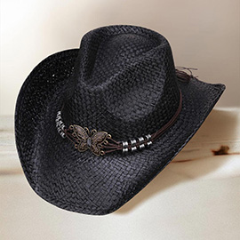 Antique Metal Butterfly Pointed Faux Leather Band Western Straw Cowboy Fedora Hat