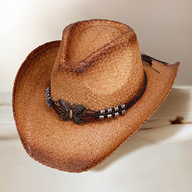 Antique Metal Butterfly Pointed Faux Leather Band Western Straw Cowboy Fedora Hat