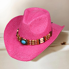 Turquoise Stone Pointed Wooden Beaded Band Western Straw Cowboy Fedora Hat