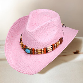 Turquoise Stone Pointed Wooden Beaded Band Western Straw Cowboy Fedora Hat