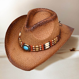 Turquoise Stone Pointed Wooden Beaded Band Western Straw Cowboy Fedora Hat