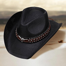 Metal Steer Head Studded Faux Leather Band Western Straw Cowboy Fedora Hat