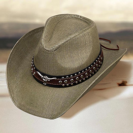 Metal Steer Head Studded Faux Leather Band Western Straw Cowboy Fedora Hat