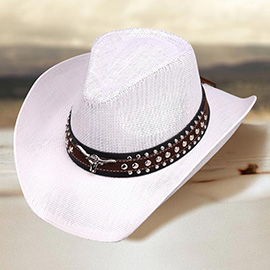 Metal Steer Head Studded Faux Leather Band Western Straw Cowboy Fedora Hat