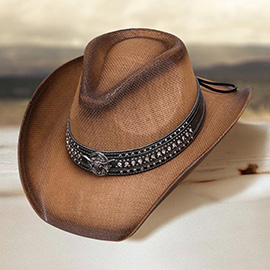 Metal Steer Head Studded Faux Leather Band Western Straw Cowboy Fedora Hat