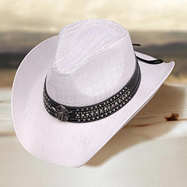 Metal Steer Head Studded Faux Leather Band Western Straw Cowboy Fedora Hat