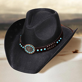 Turquoise Stone Embellished Metal Steer Head Studded Faux Leather Band Western Straw Cowboy Fedora Hat