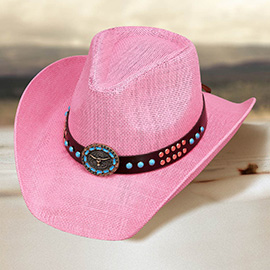 Turquoise Stone Embellished Metal Steer Head Studded Faux Leather Band Western Straw Cowboy Fedora Hat