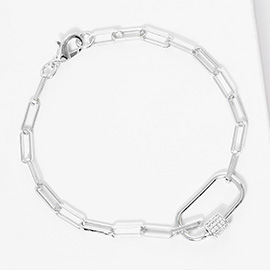 White Gold Dipped CZ Stone Paved Carabiner Pointed Paperclip Chain Bracelet