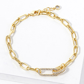 Gold Dipped CZ Stone Paved Link Pointed Paperclip Chain Bracelet