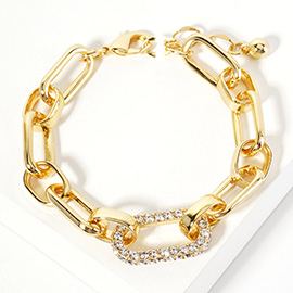 Gold Dipped CZ Stone Paved Oval Ring Pointed Link Chain Bracelet