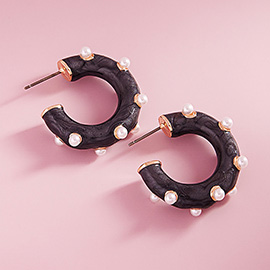 Pearl Embellished Marbled Enamel Hoop Earrings