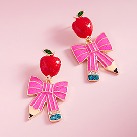 Enamel Apple Bow Pencil Dangle Earrings