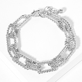 White Gold Dipped Textured Square Rope Link Chain Bracelet