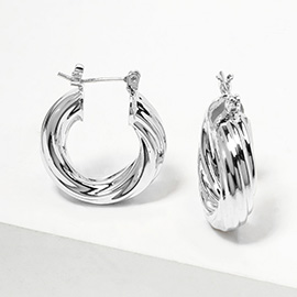 White Gold Dipped Textured Pin Catch Hoop Earrings