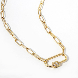 Gold Dipped CZ Stone Paved Carabiner Pendant Paperclip Chain Necklace