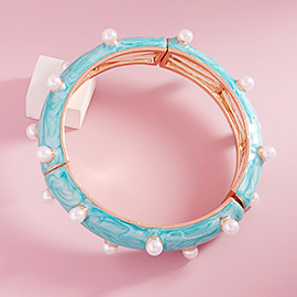 Pearl Embellished Marbled Enamel Stretch Bangle Bracelet