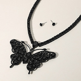 Rhinestone Embellished Butterfly Pendant Accented Tennis Chain Evening Necklace