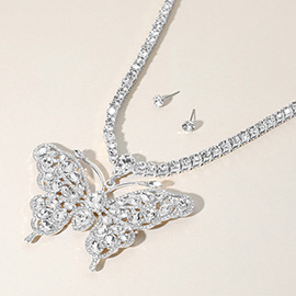 Rhinestone Embellished Butterfly Pendant Accented Tennis Chain Evening Necklace