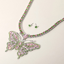 Rhinestone Embellished Butterfly Pendant Accented Tennis Chain Evening Necklace