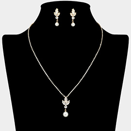 CZ Stone Paved Pearl Dangle Marquise Cluster Pendant Pointed Necklace