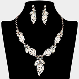 Marquise Round Stone Cluster Colored Metal Leaf Embellished Necklace