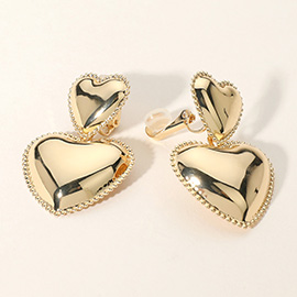 Double Metal Heart Dangle Clip On Earrings