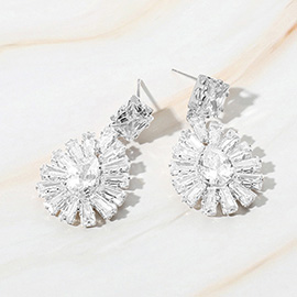 Baguette CZ Stone Cluster Rim Teardrop Dangle Evening Earrings