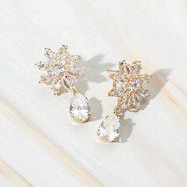 Flower CZ Stone Teardrop Cluster Dangle Evening Earrings