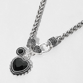 Heart Stone Pointed Pendant Antique Metal Necklace