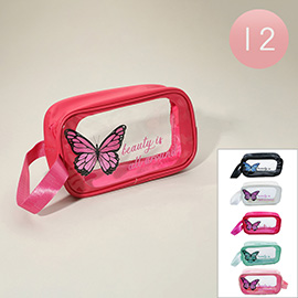 12PCS - BEAUTY IS ALL AROUND Message Butterfly Printed Transparent Travel Pouch Bag / Toiletry Bag