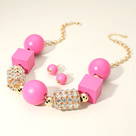 Wooden Ball Cube Rhinestone Tube Link Statement Necklace