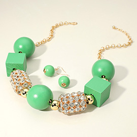 Wooden Ball Cube Rhinestone Tube Link Statement Necklace