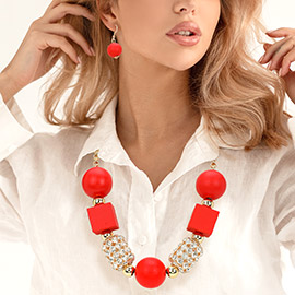 Wooden Ball Cube Rhinestone Tube Link Statement Necklace